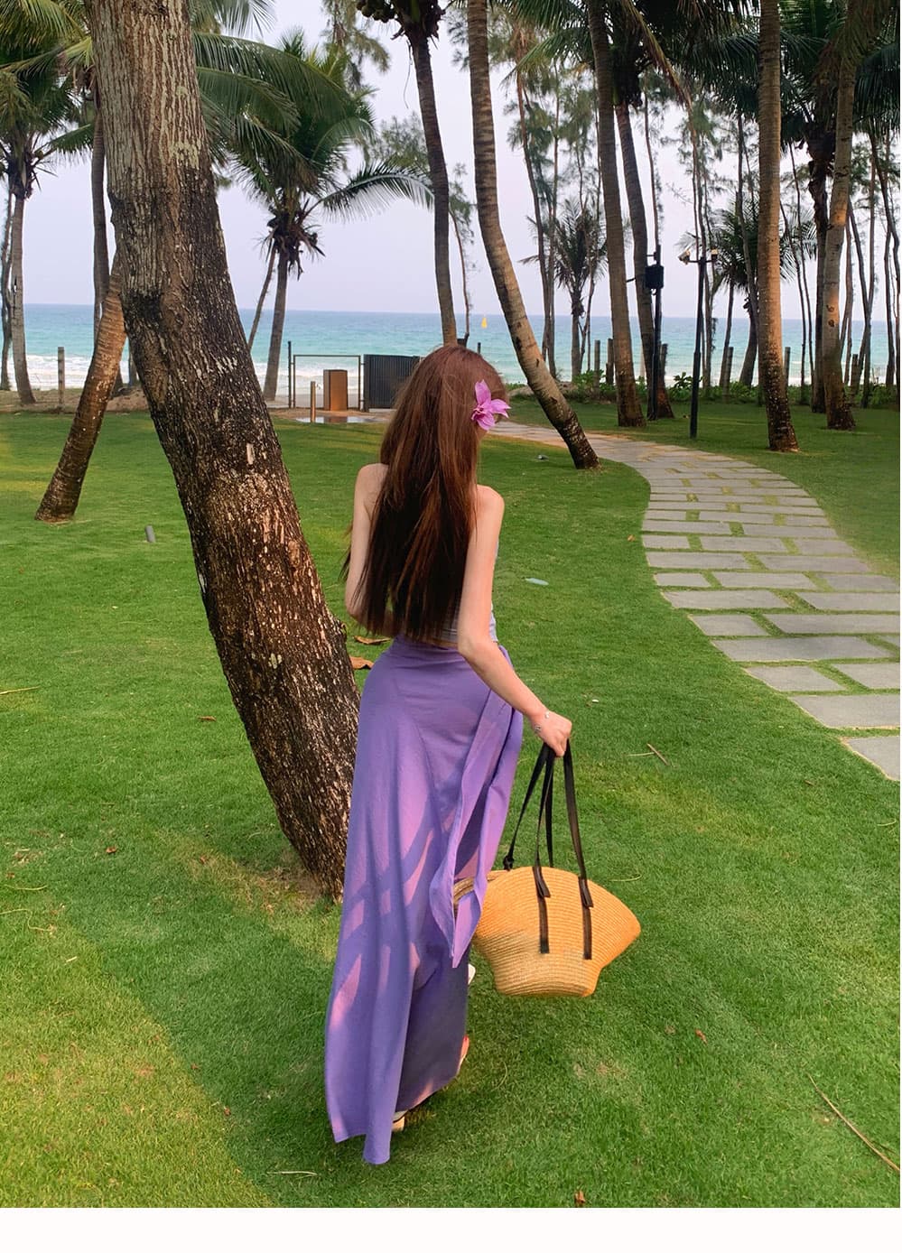 섹시함 핫걸 바람 보라색 행침 목 백리스 슬립 맨위 여성 여름 새로운 로우 웨이스트 레이스업 타이트 스커트 롱 스커트 세트 상세 이미지 17