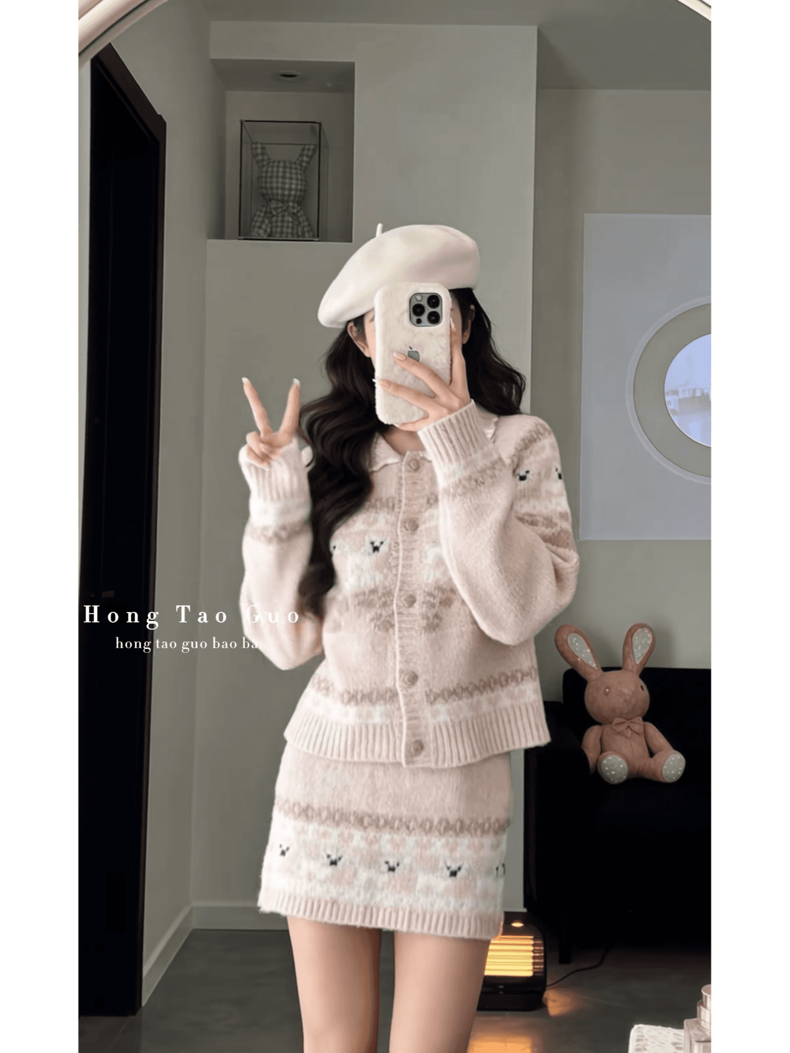 달콤함 핑크색 자카드 강아지 니트 오픈 가디건 가을 겨울철 느긋한 부드러운 찹쌀 맨위 스웨터 반신 스커트 투피스 슈트 이미지 4