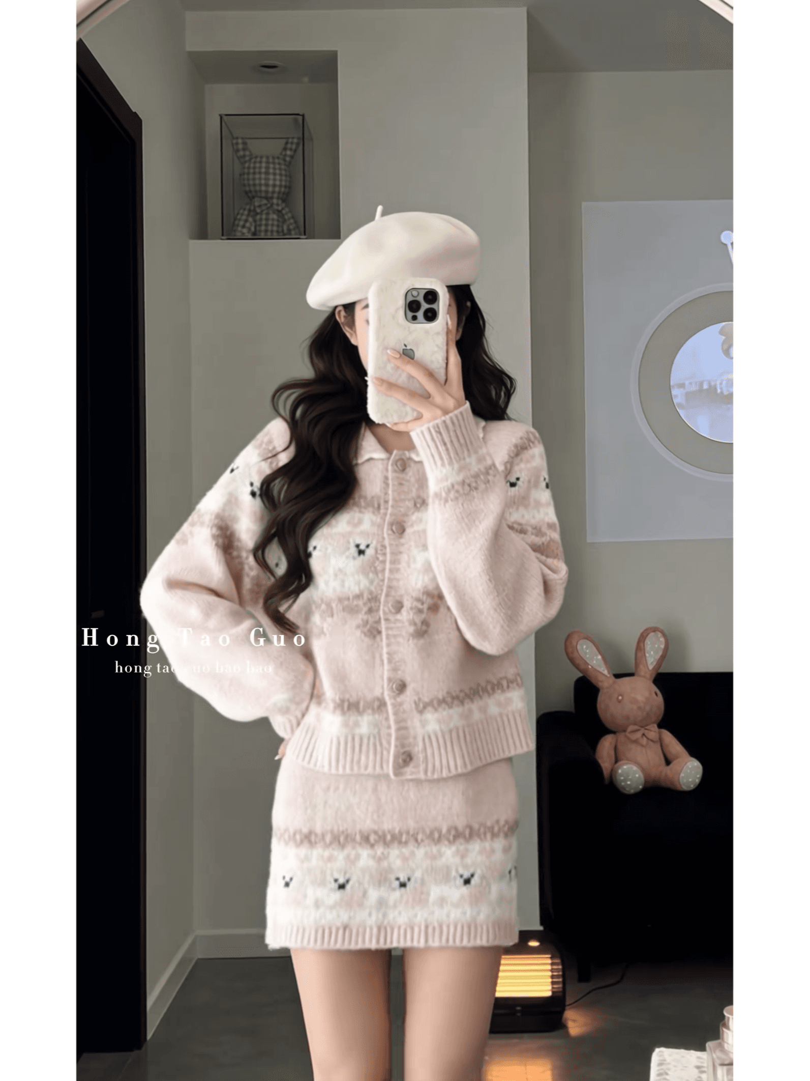 달콤함 핑크색 자카드 강아지 니트 오픈 가디건 가을 겨울철 느긋한 부드러운 찹쌀 맨위 스웨터 반신 스커트 투피스 슈트 상세 이미지 2