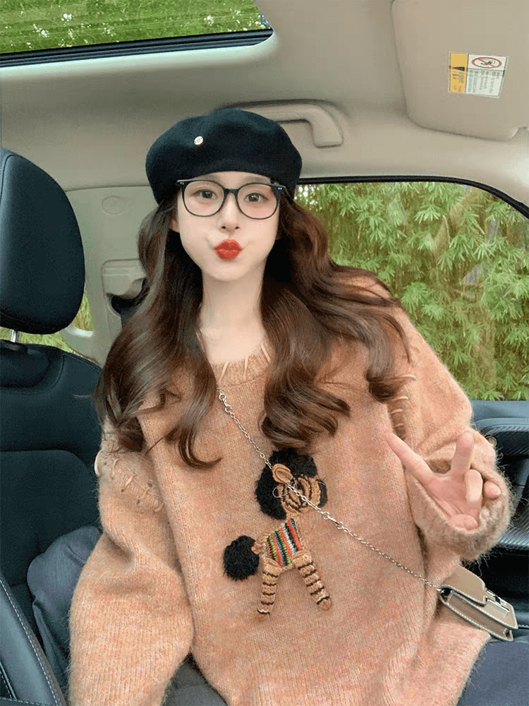 작은 말 자수 스웨터 여자 가을 겨울철 2025 새로운 레트로 느긋한 바람 디자인 센스 루즈핏 연령 감소 니트 스웨터 상세 이미지 1