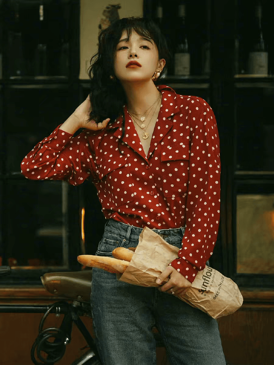칸 청 어린이 스타 같은 단락 도트 무늬 와인 레드 여성 셔츠 2026 새로운 레트로 항구 바람 달콤함 정장 칼라 셔츠 이미지 3