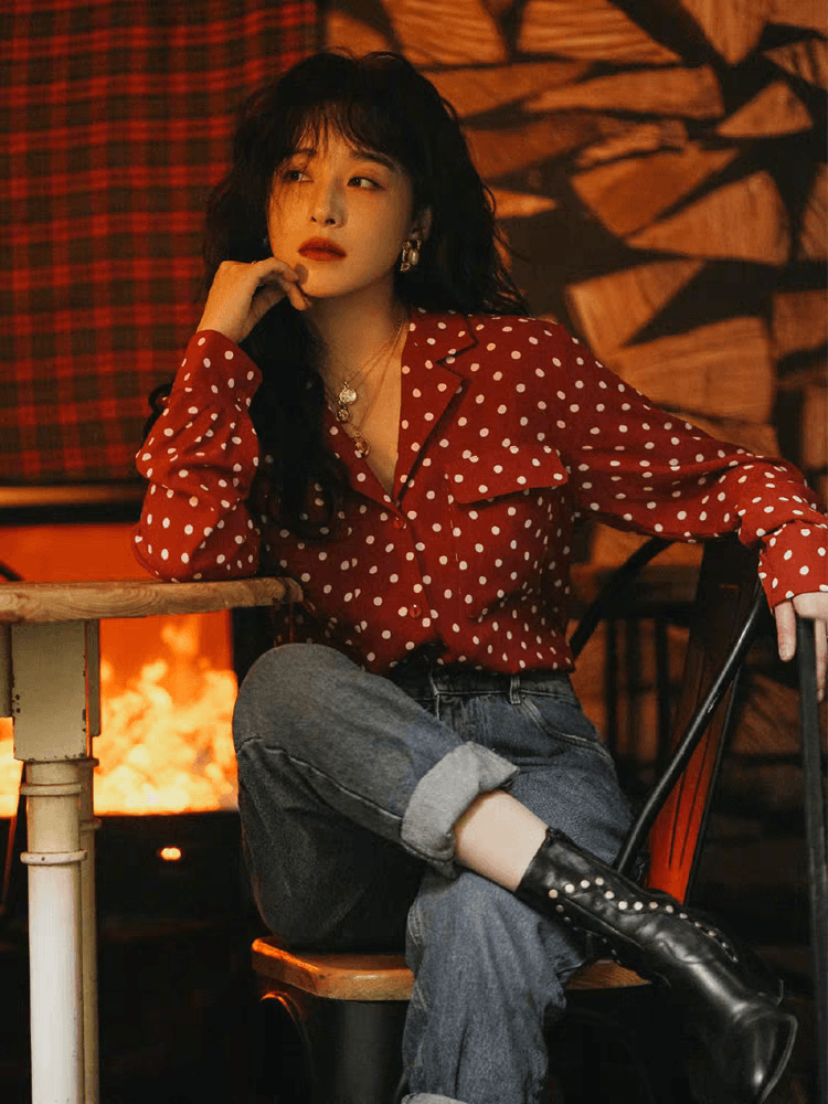칸 청 어린이 스타 같은 단락 도트 무늬 와인 레드 여성 셔츠 2026 새로운 레트로 항구 바람 달콤함 정장 칼라 셔츠 상세 이미지 3