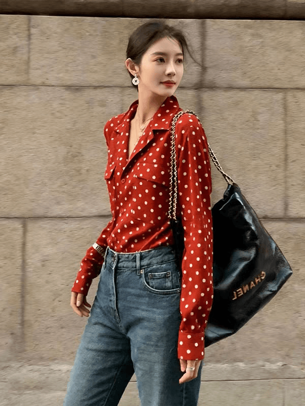 레트로 뒤집다 파일럿 포트 바람 빨간색 도트 무늬 디자인 센스 긴팔 셔츠 여자 세련된 외국 가스 연령 감소 고급 센스 맨위 상세 이미지 3