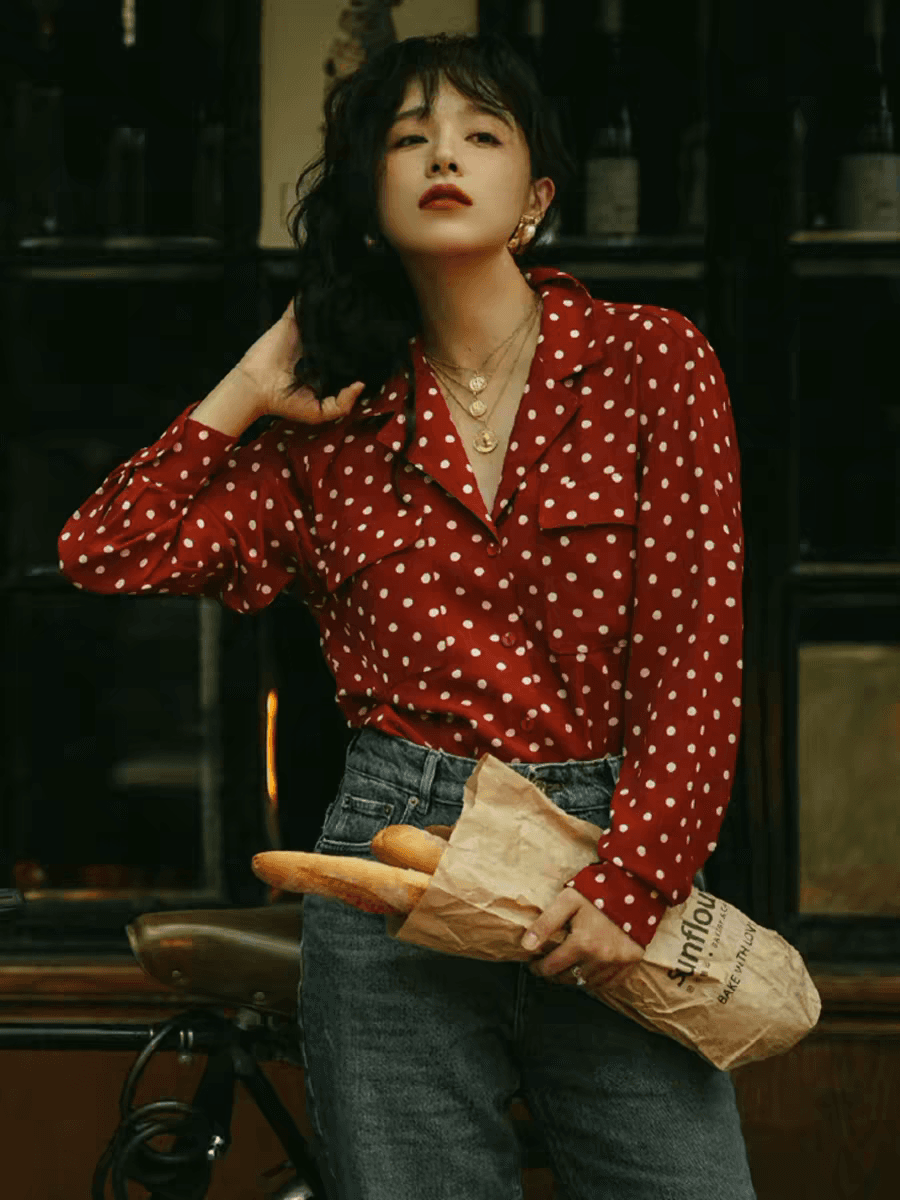 와인 레드 도트 무늬 여성 셔츠 디자인 센스 작은 대중 빛 요리 한 프랑스식 질감 맨위 레트로 홍콩 느낌 긴팔 셔츠 상세 이미지 5