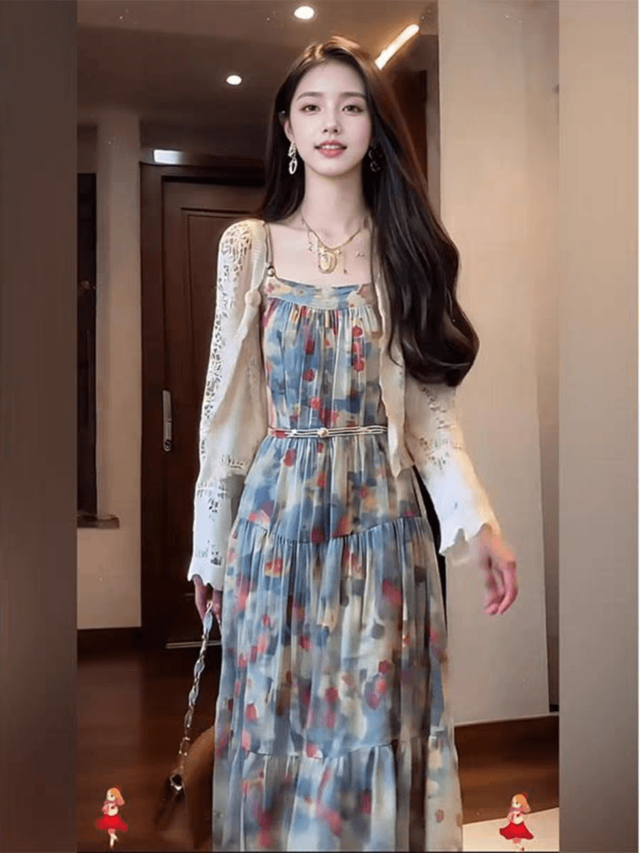 2026 년 새로운 프랑스식 고급 디자인 센스 바람 홀로우 아웃 카디건 코트 프린트 꽃무늬 슬립 여성 드레스 이미지 4