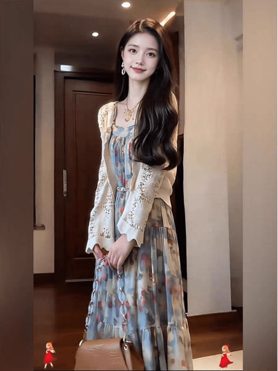 2026 년 새로운 프랑스식 고급 디자인 센스 바람 홀로우 아웃 카디건 코트 프린트 꽃무늬 슬립 여성 드레스 이미지 3