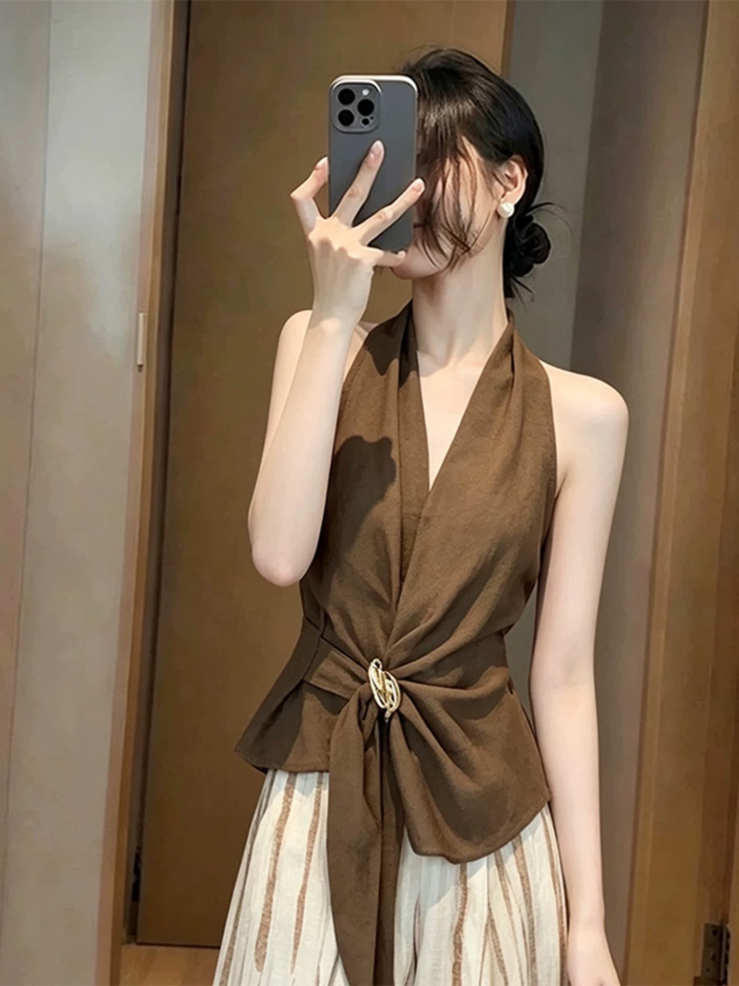 자이언트 잘 생긴 여름 착용 가져 가라. 전체 집합 품격 연령 감소 고급 오래된 돈 바람 커피 색상 행침 목 민소매 맨위 세트 바지 이미지 3