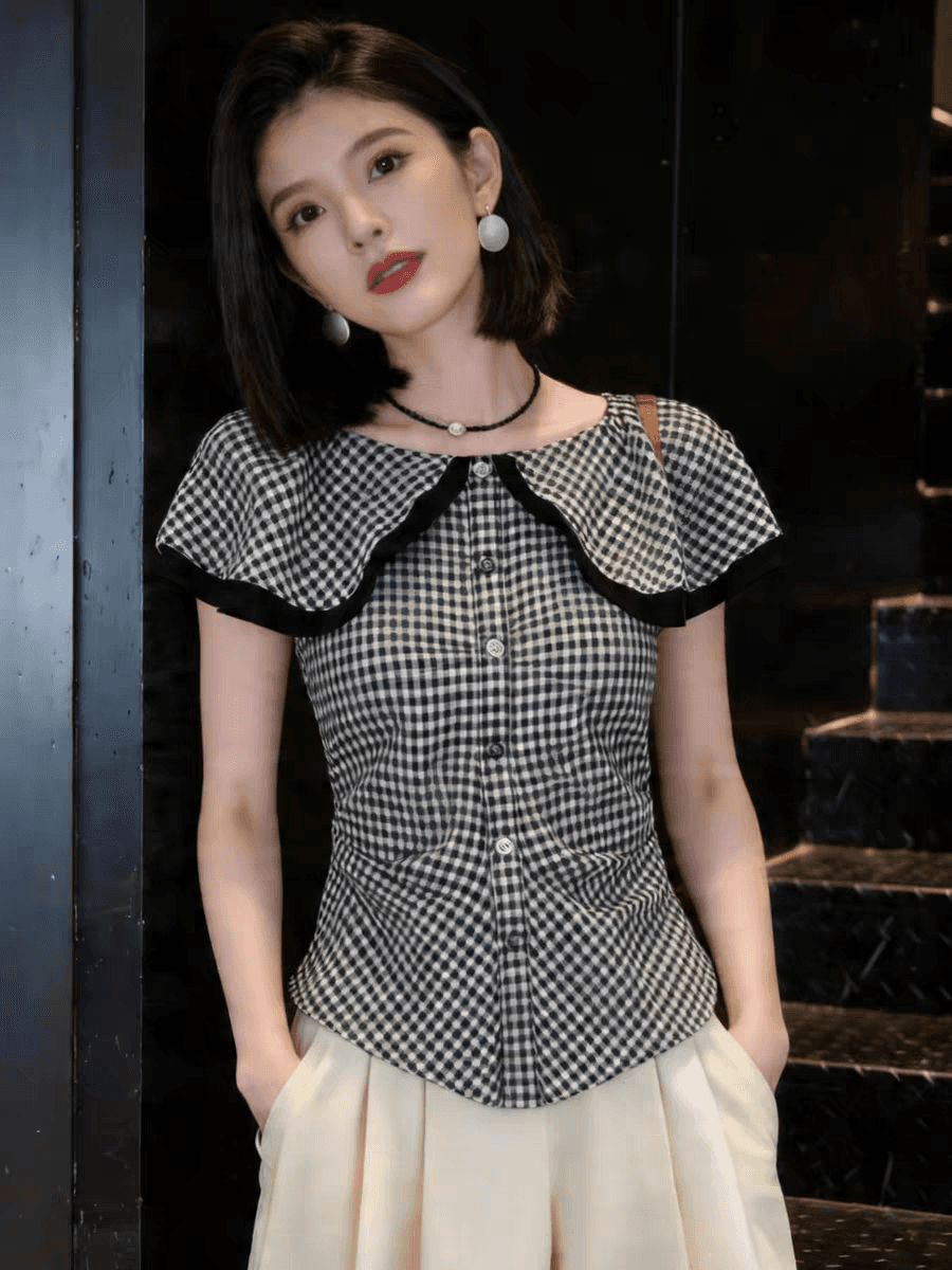 프랑스식 사소한 고급 센스 검정색 체크무늬 반팔 여성 셔츠 여름 Chic 아름다운 허리 수축 슬림해 보이는 품격 맨위 상세 이미지 2