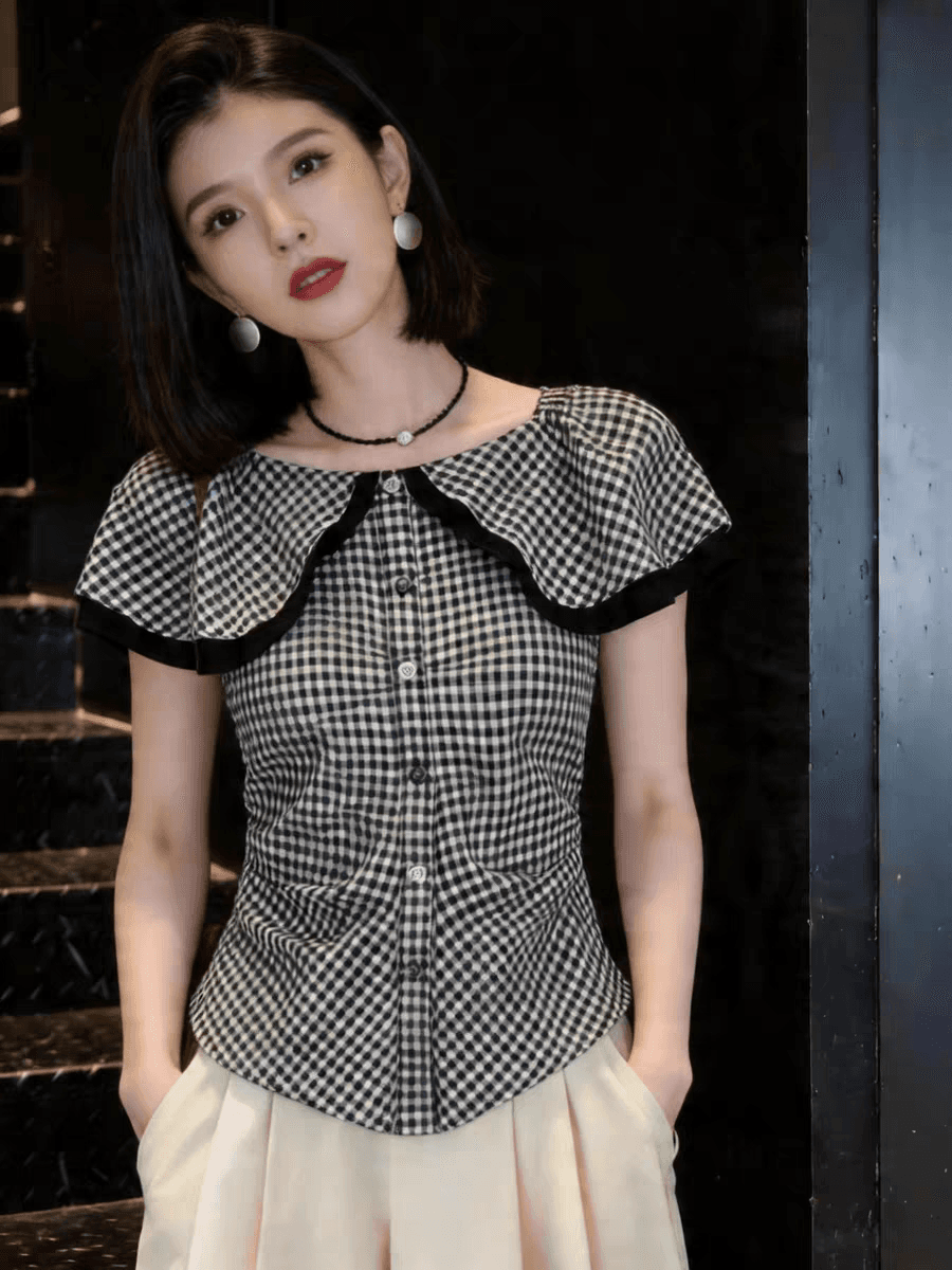 프랑스식 사소한 고급 센스 검정색 체크무늬 반팔 여성 셔츠 여름 Chic 아름다운 허리 수축 슬림해 보이는 품격 맨위 상세 이미지 5