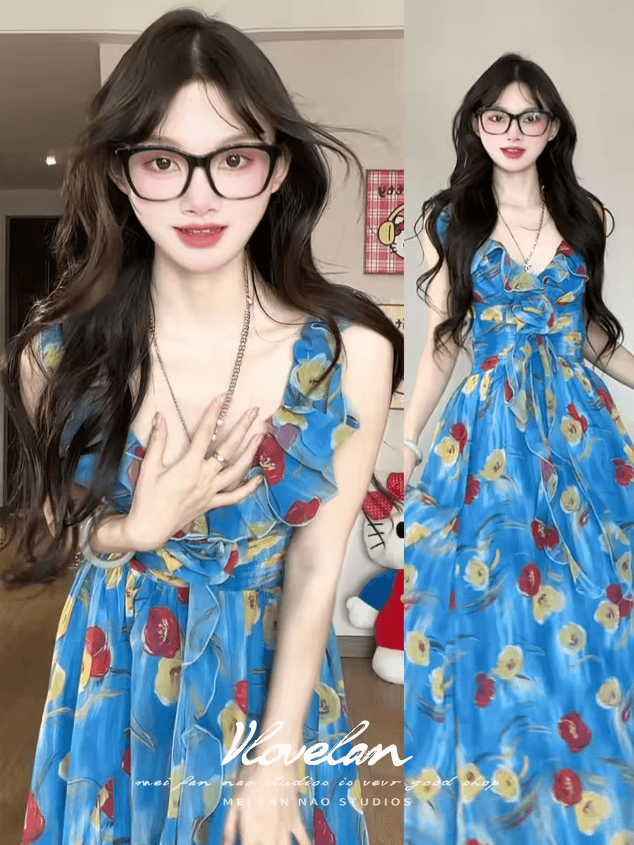 프랑스식 휴가 바람 파란색 V넥 꽃무늬 슬립 여성 드레스 여름 도파민 착용 가져 가라. 슬림해 보이는 해변 롱 스커트