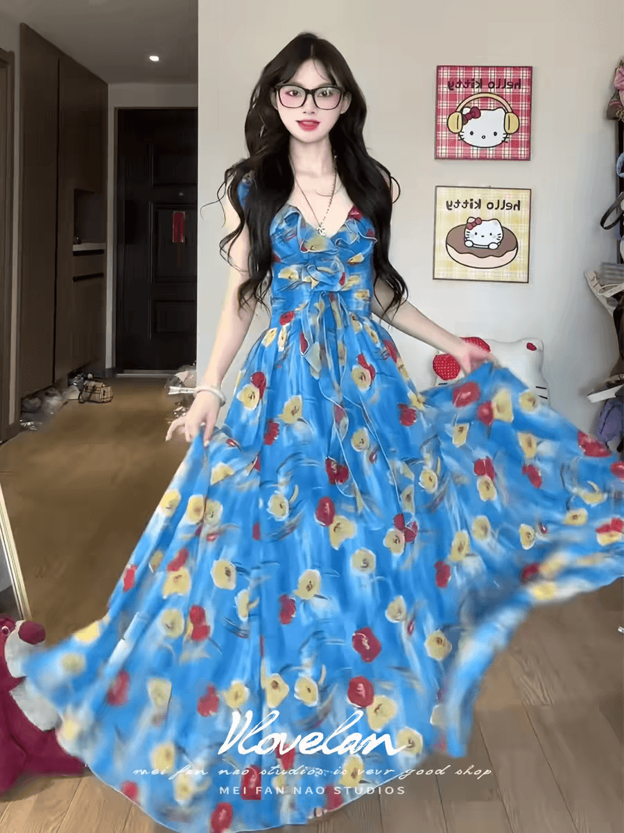 프랑스식 휴가 바람 파란색 V넥 꽃무늬 슬립 여성 드레스 여름 도파민 착용 가져 가라. 슬림해 보이는 해변 롱 스커트 이미지 4