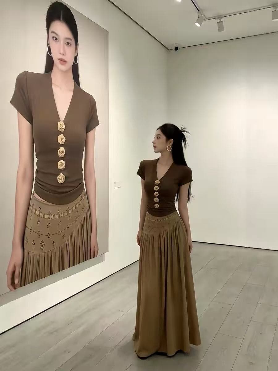 품격 전체 집합 ootd 착용 가져 가라. 휴가 바람 레트로 V넥 맨위 핫픽스 반신 스커트 투피스 슈트 2026 여름