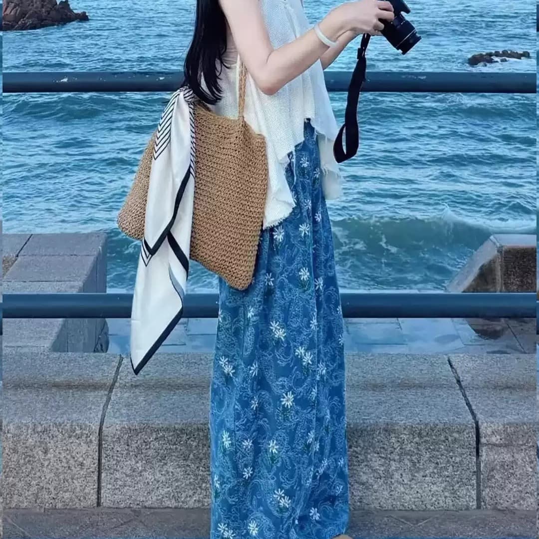 휴가 바람 V넥 불규칙 조끼 꽃무늬 바지 세트 여성 느슨함 센스 도루 센스 와이드 레그 팬츠 캐주얼 투피스 세트 여름 이미지 2