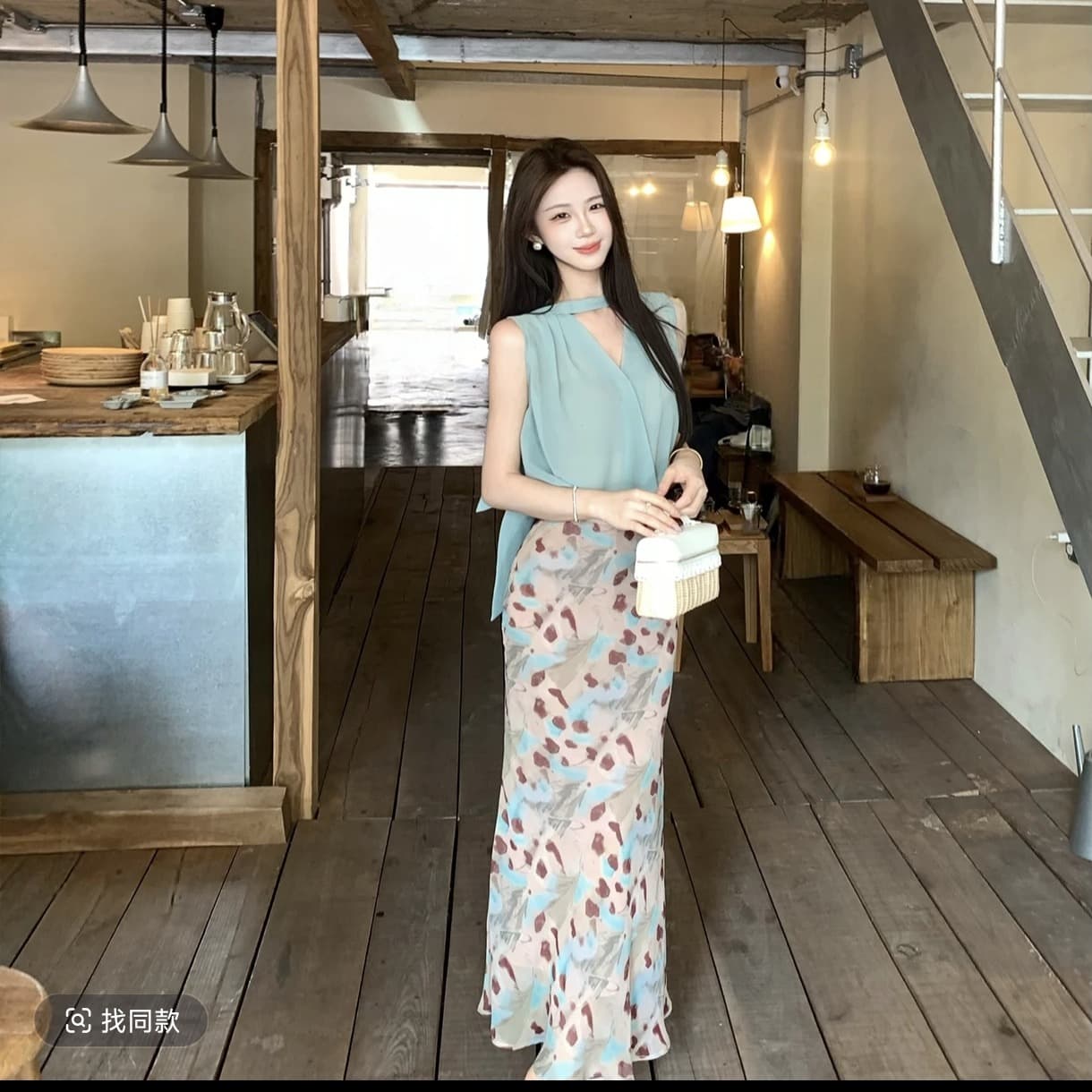 무쯔리 목자이 ~ 중 리 임신 한 비 연애 편지 박하 행침 목 민소매 맨위 헤일로 염색 반신 스커트 부드러운 품격 세트 이미지 3
