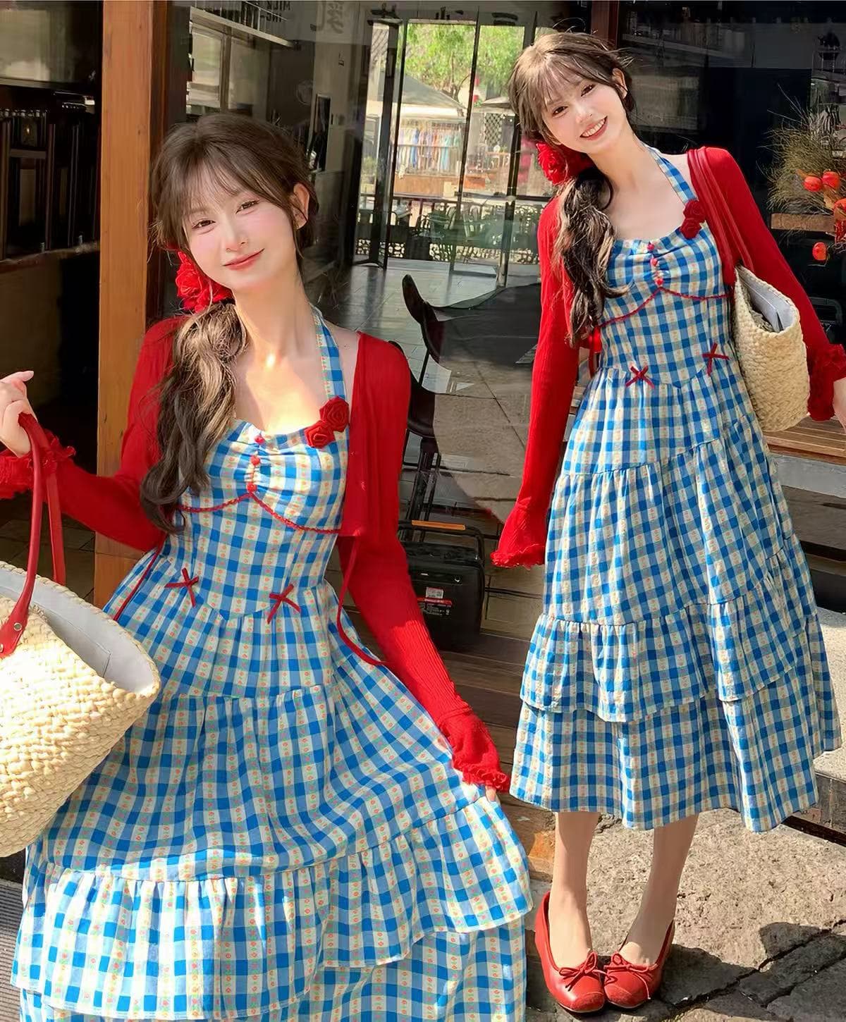 숲속 소녀 종족 휴가 바람 달콤함 파란색 체크무늬 여성 드레스 행침 목 슬립 드레스 2026 여름 민소매 치마 상세 이미지 1