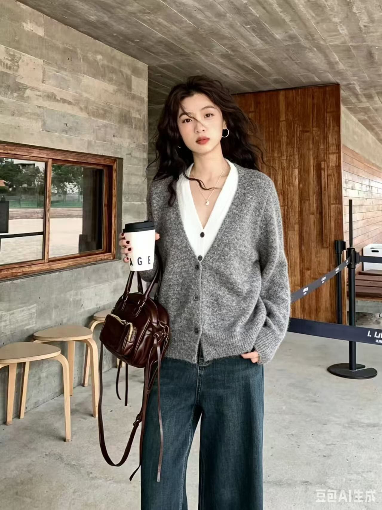 배색 페이크 레이어드 V넥 루즈핏 느긋한 싱글 줄 버튼 바늘 주름 카디건 코트 긴팔 출퇴근 여성 스웨터 상세 이미지 4