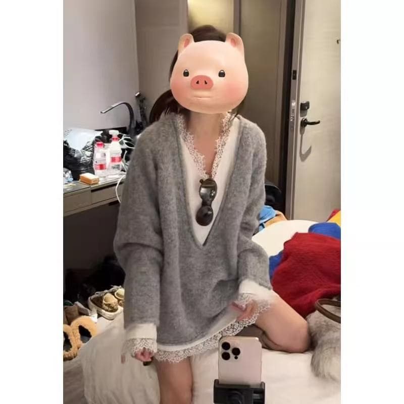 볼륨 측면 V넥 스웨터 여자 가을 겨울 유럽 상품 빅 사이즈 느긋한 느슨함 센스 지방 mm 부드러운 찹쌀 니트 스웨터 상세 이미지 5