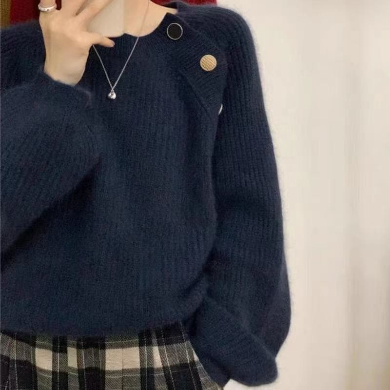 2026 년 새로운 비스듬한 버클 스웨터 여자 가을 겨울 의류 두꺼운 작은 키 인사이드 잡아라. 의류 디자인 센스 작은 대중 기본 셔츠 이미지 3