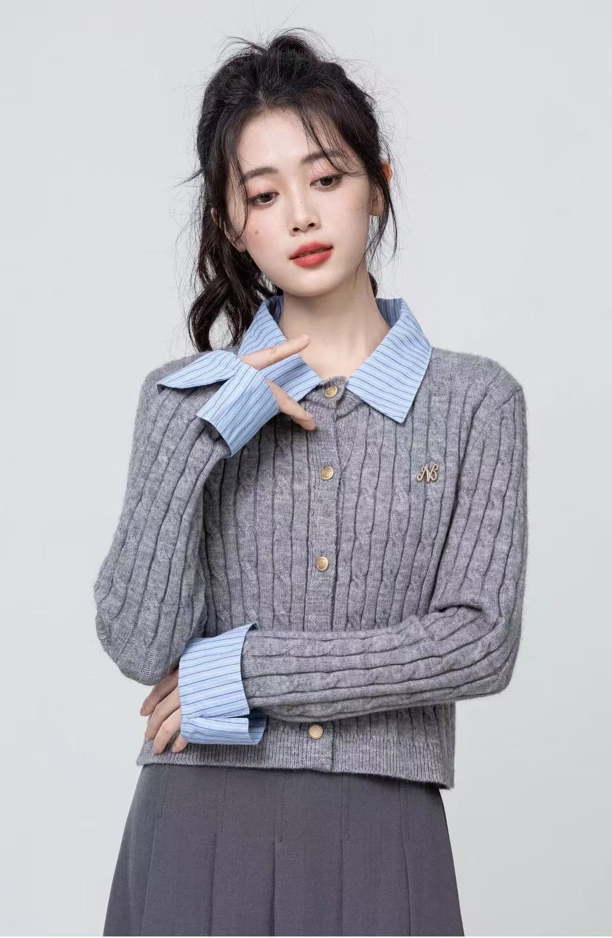 학원 스타일 회색 페이크 레이어드 패치워크 니트 스웨터 오픈 가디건 여성 가을 겨울 몸매 가꾸기 POLO 칼라 오픈 가디건 쇼트 스타일 맨위 상세 이미지 3