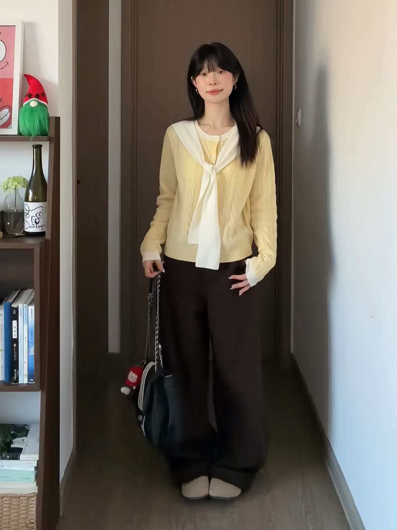한 부서 황색 숄 긴팔 니트 오픈 가디건 여성 봄 캐주얼 다용도 몸매 가꾸기 슬림해 보이는 작은 키 쇼트 스타일 맨위 이미지 3