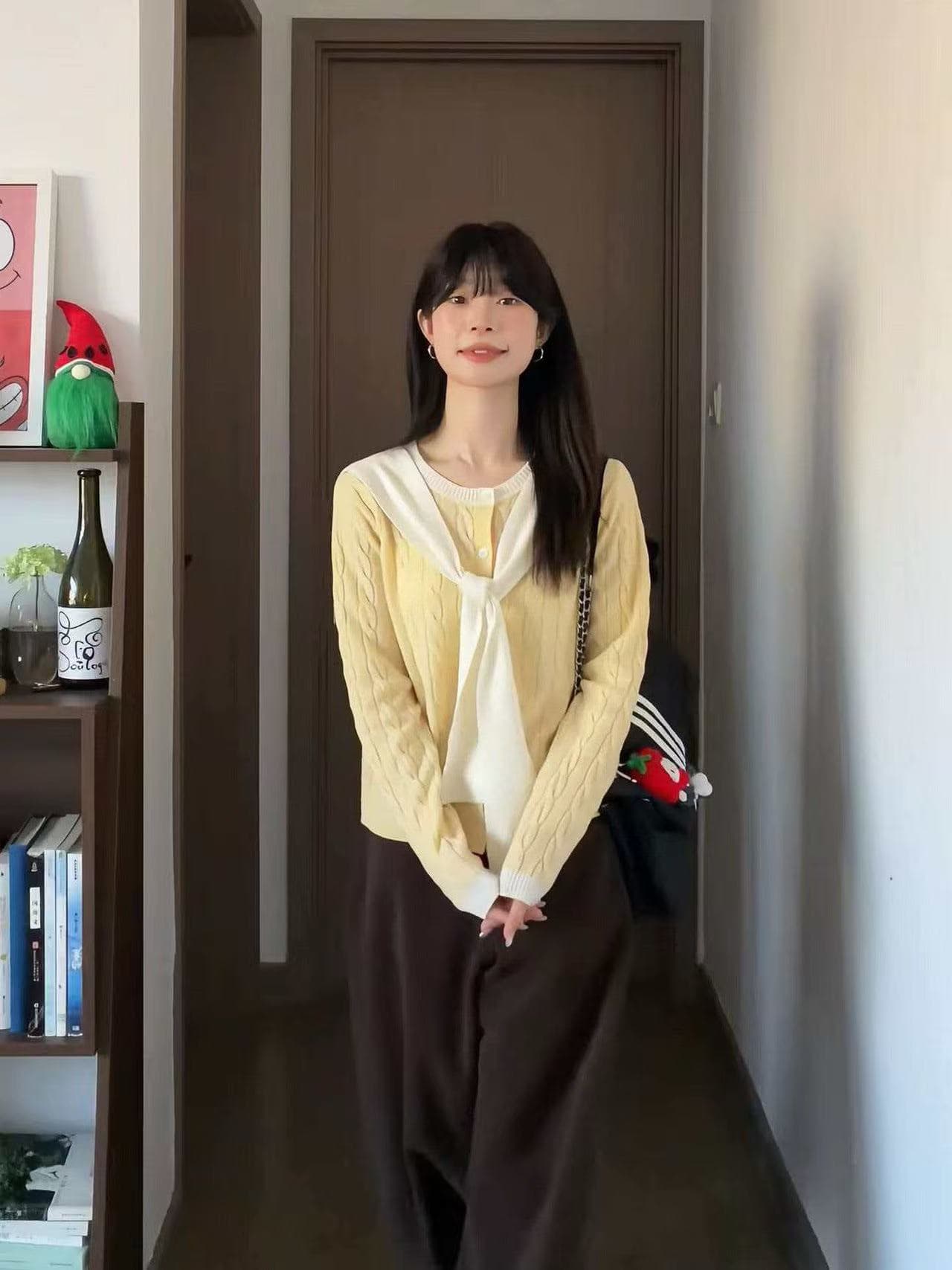 한 부서 황색 숄 긴팔 니트 오픈 가디건 여성 봄 캐주얼 다용도 몸매 가꾸기 슬림해 보이는 작은 키 쇼트 스타일 맨위 상세 이미지 3
