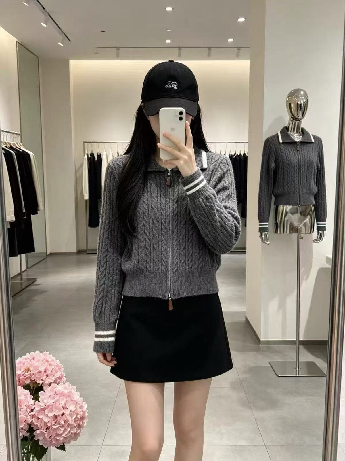 학원 스타일 배색 폴로 칼라 꽈배기 더블 지퍼 니트 오픈 가디건 미니멀리즘 다용도 가을 겨울철 쇼트 스타일 맨위 여성 코트 이미지 3