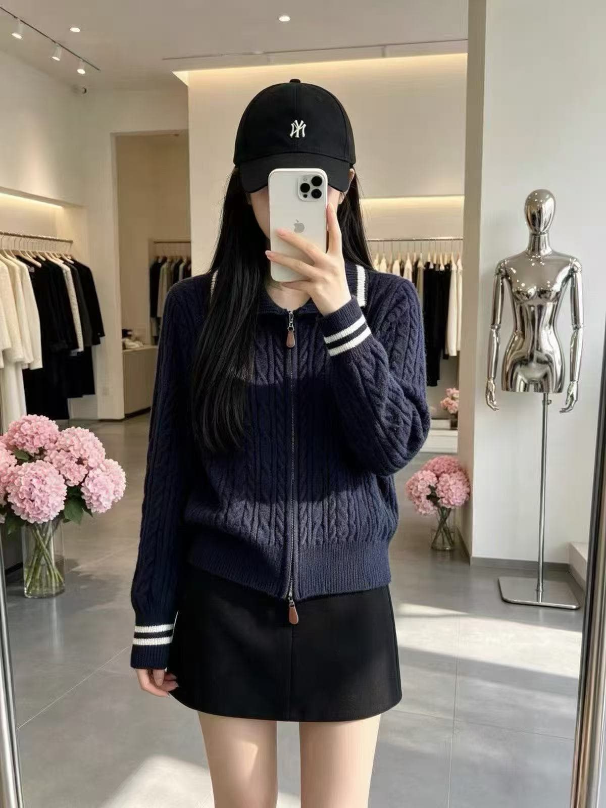 학원 스타일 배색 폴로 칼라 꽈배기 더블 지퍼 니트 오픈 가디건 미니멀리즘 다용도 가을 겨울철 쇼트 스타일 맨위 여성 코트 이미지 4