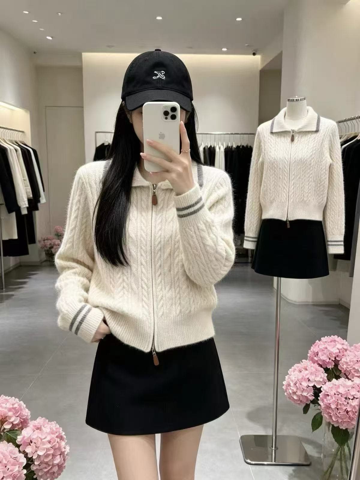 학원 스타일 배색 폴로 칼라 꽈배기 더블 지퍼 니트 오픈 가디건 미니멀리즘 다용도 가을 겨울철 쇼트 스타일 맨위 여성 코트 상세 이미지 4