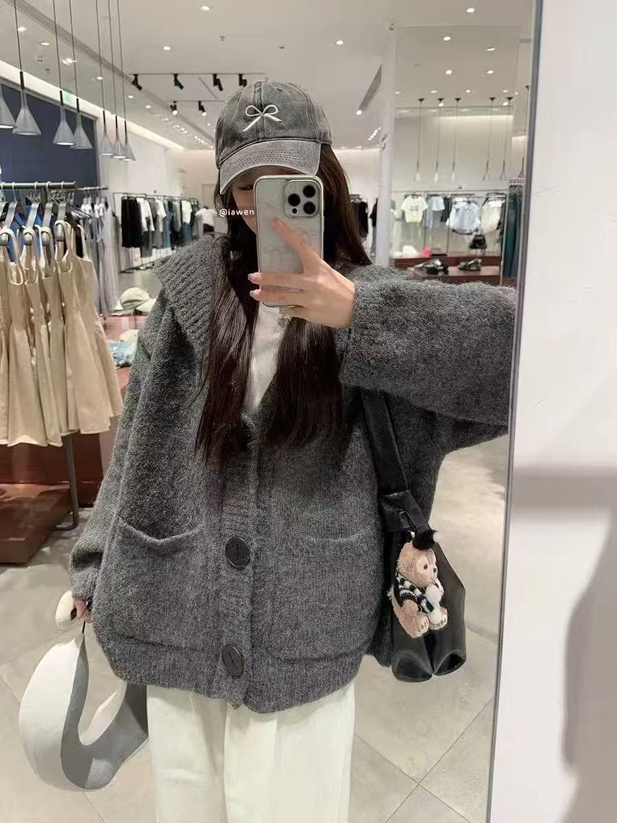 캐주얼 느긋한 바람 새로운 싱글 줄 버튼 후드 니트 스웨터 여성 이른 가을 루즈핏 슬림해 보이는 긴팔 맨위