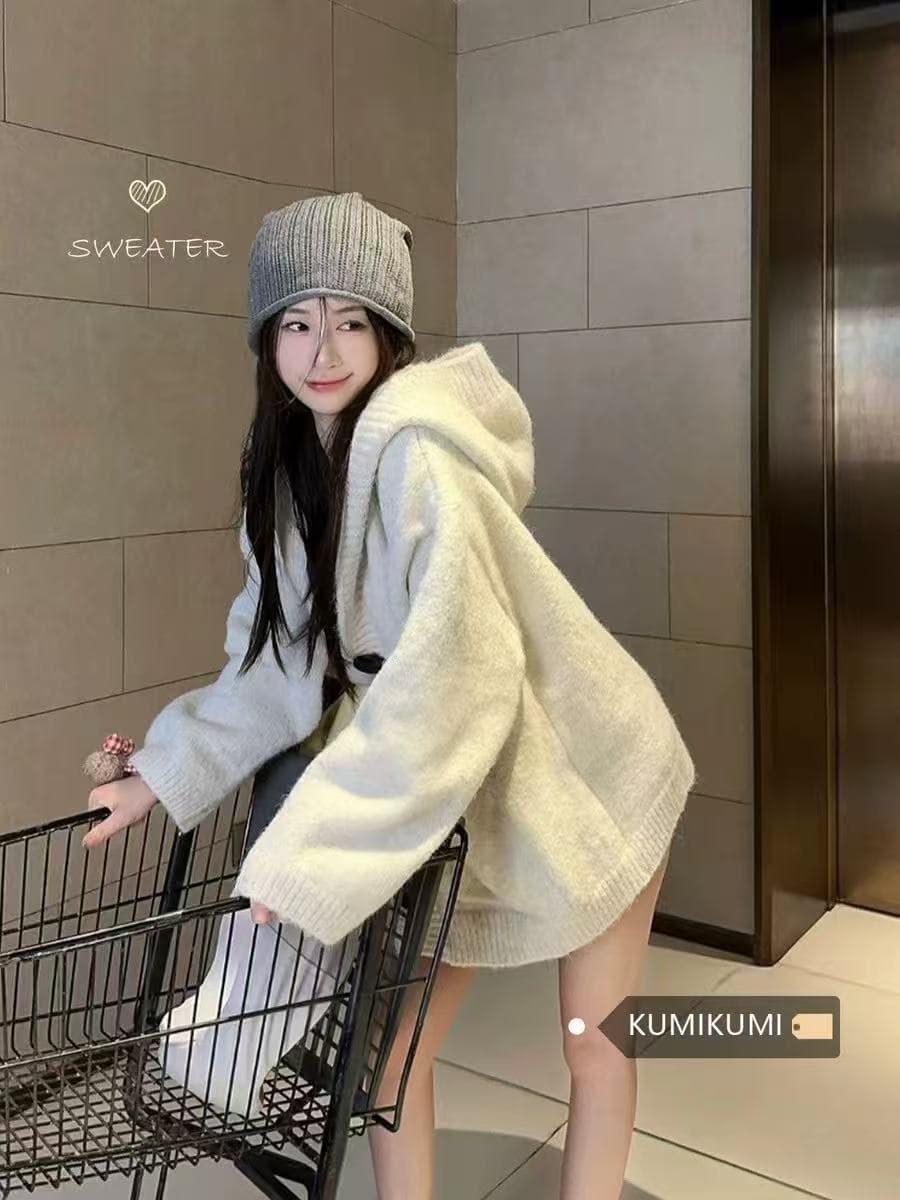 캐주얼 느긋한 바람 새로운 싱글 줄 버튼 후드 니트 스웨터 여성 이른 가을 루즈핏 슬림해 보이는 긴팔 맨위 이미지 2
