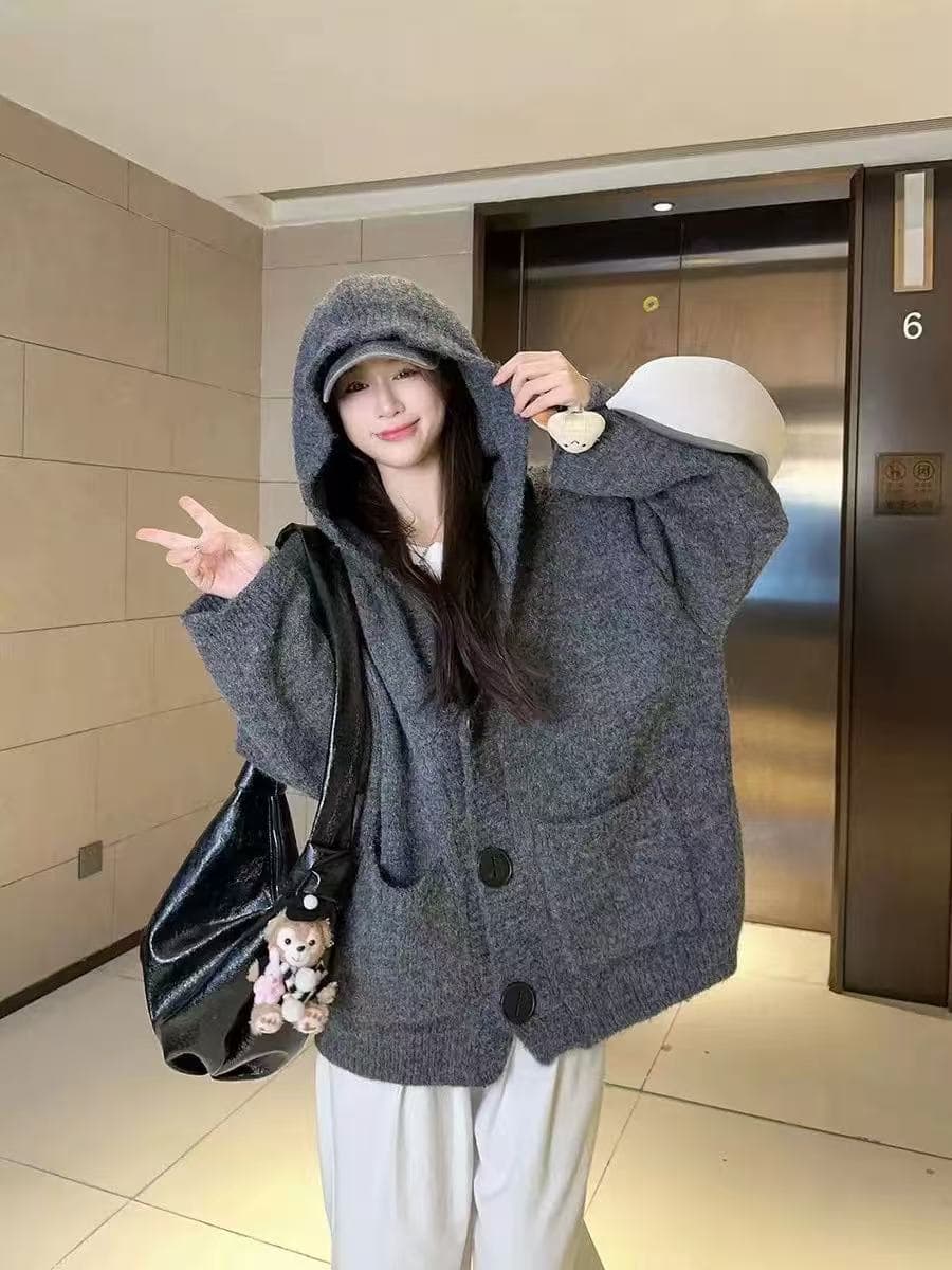 캐주얼 느긋한 바람 새로운 싱글 줄 버튼 후드 니트 스웨터 여성 이른 가을 루즈핏 슬림해 보이는 긴팔 맨위 이미지 3