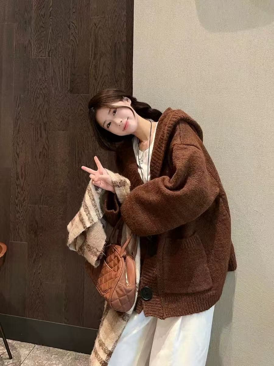 캐주얼 느긋한 바람 새로운 싱글 줄 버튼 후드 니트 스웨터 여성 이른 가을 루즈핏 슬림해 보이는 긴팔 맨위 이미지 4