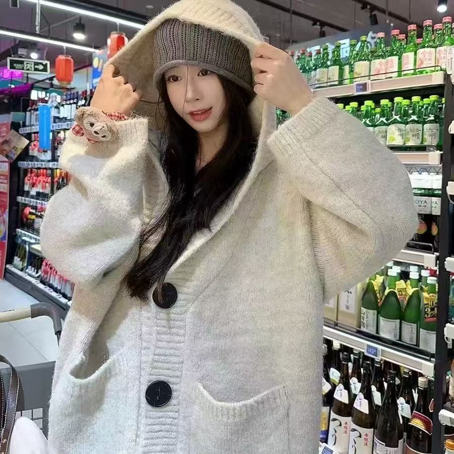 캐주얼 느긋한 바람 새로운 싱글 줄 버튼 후드 니트 스웨터 여성 이른 가을 루즈핏 슬림해 보이는 긴팔 맨위 상세 이미지 1
