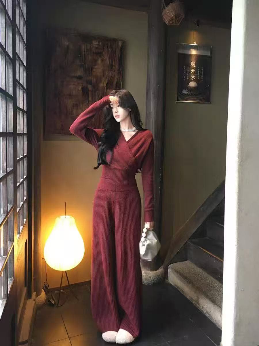 가을 겨울 착용 가져 가라. 전체 집합 빅 사이즈 지방 mm V넥 니트 맨위 와이드 레그 팬츠 한 부서 고급 센스 품격 세트 여성 이미지 2