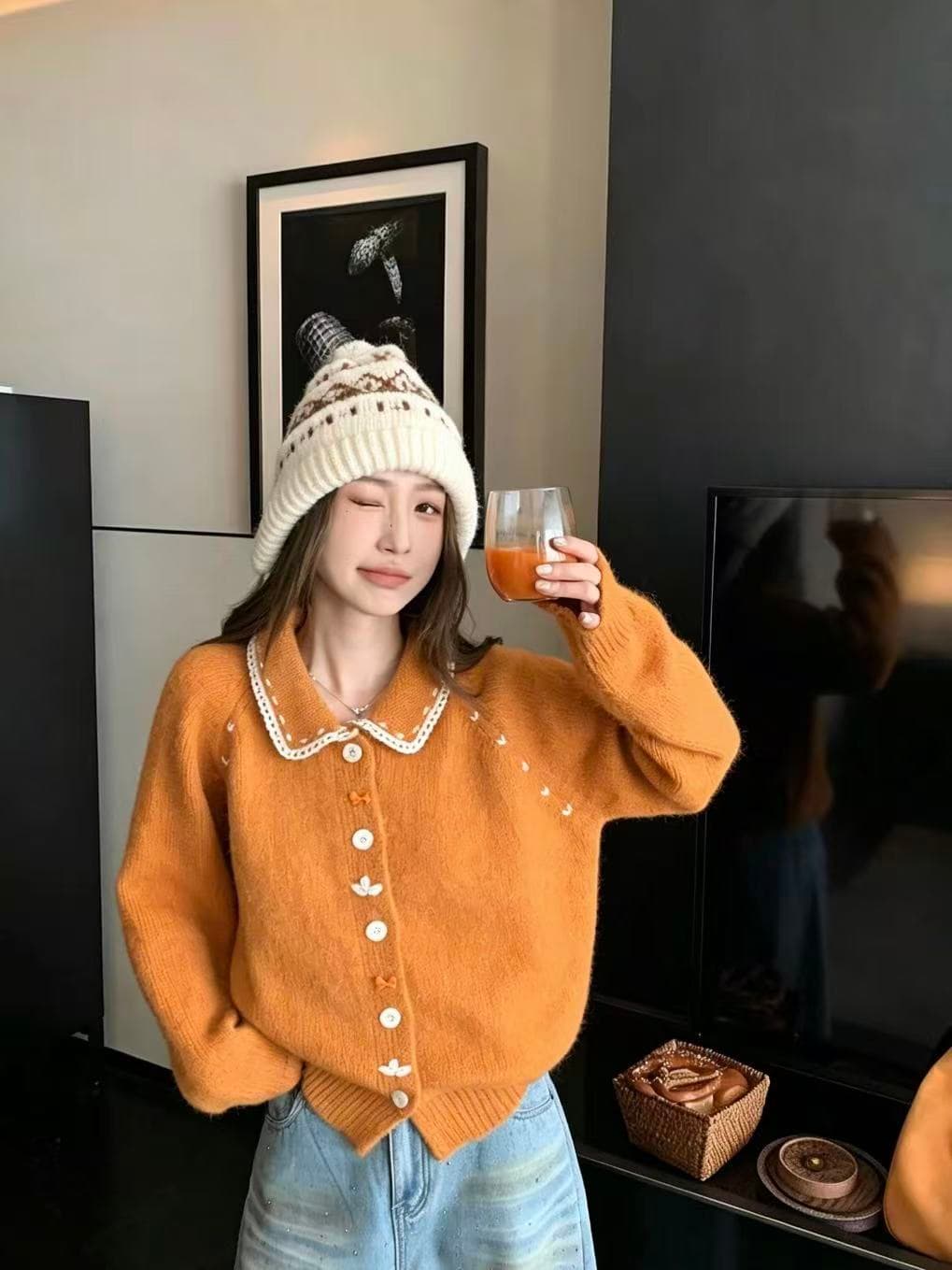 mls 초점 버클 세련된 숨기기 고기 2026 가을 겨울 새로운 맨위 여성 레이스 칼라 패치워크 니트 오픈 가디건 이미지 3