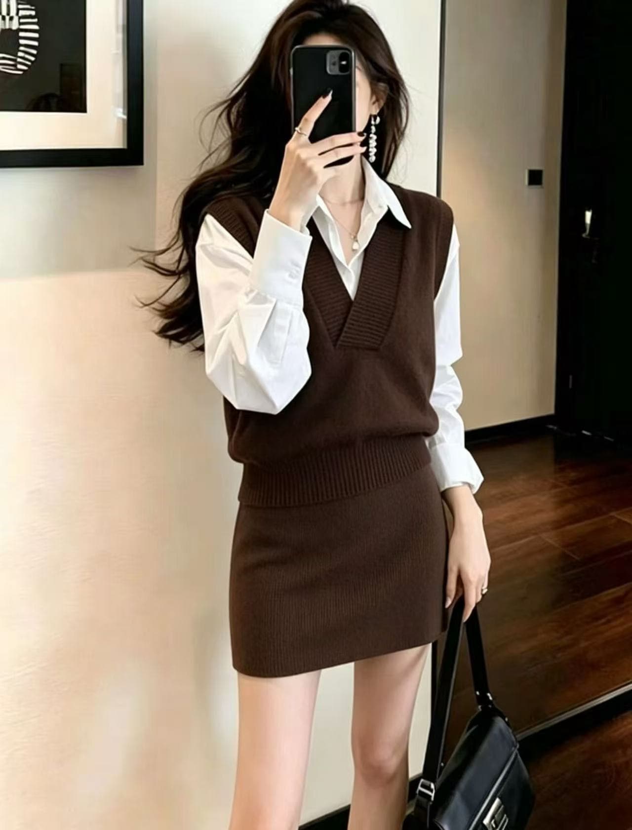 2026 법률 시스템 셔츠 니트 베스트 재킷 반신 스커트 외국 가스 인기 폭발 세 조각 세트 상세 이미지 4
