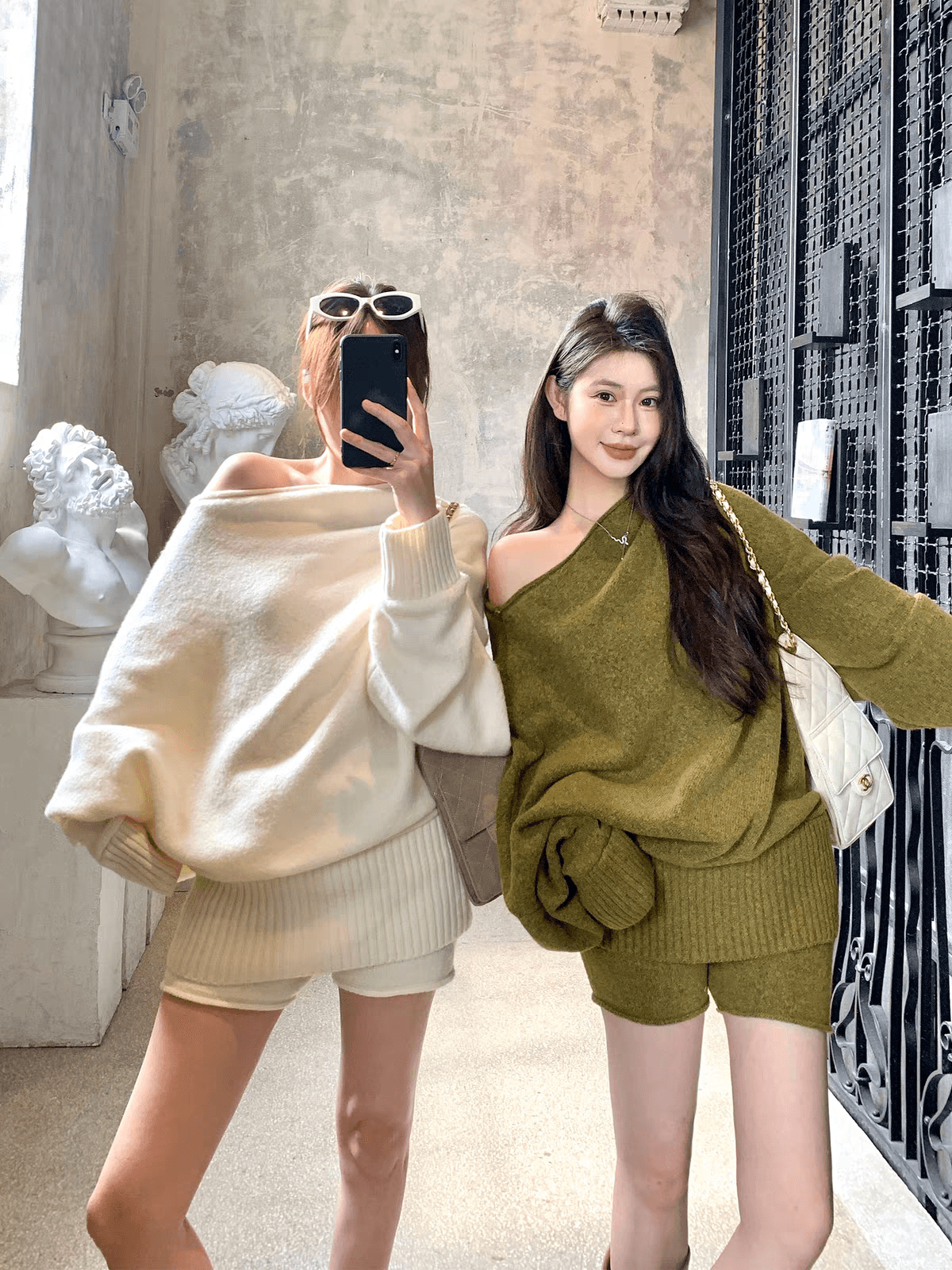 회색 재 홈 한 부서 니트 세트 오프숄더 양모 스웨터 경기 캐주얼 반바지 두 조각 여성 세트