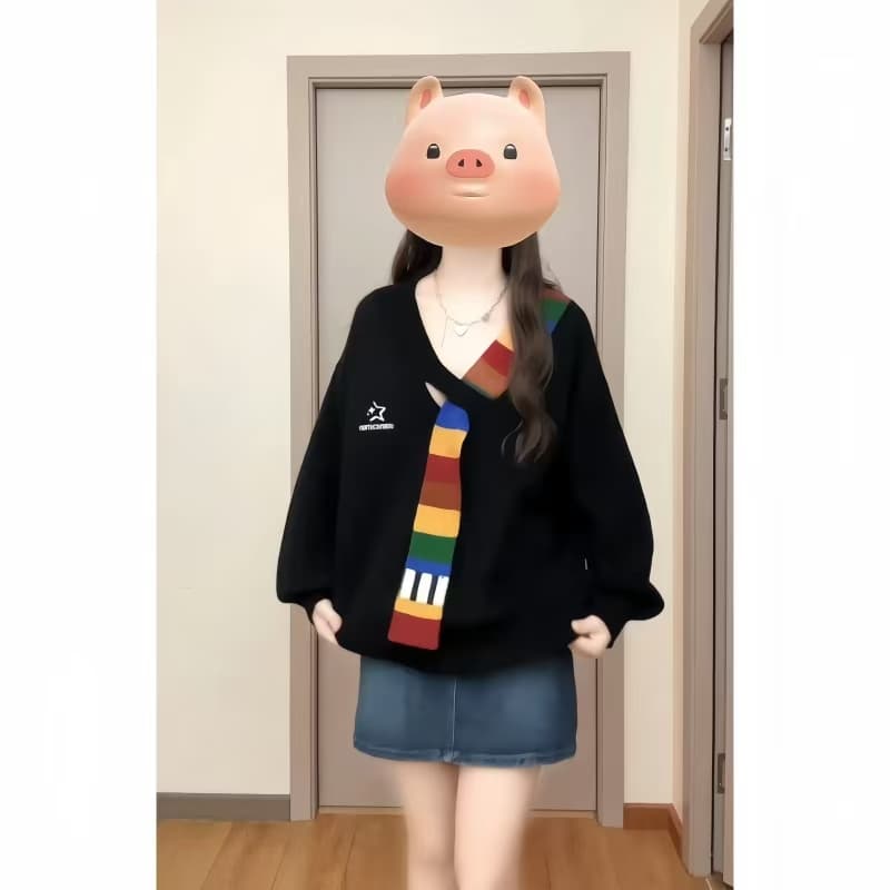 아메리칸 레트로 무지개 모직물 패치워크 V넥 니트 스웨터 재킷 가을 겨울 루즈핏 학원 스타일 고급 센스 여성 스웨터 이미지 2
