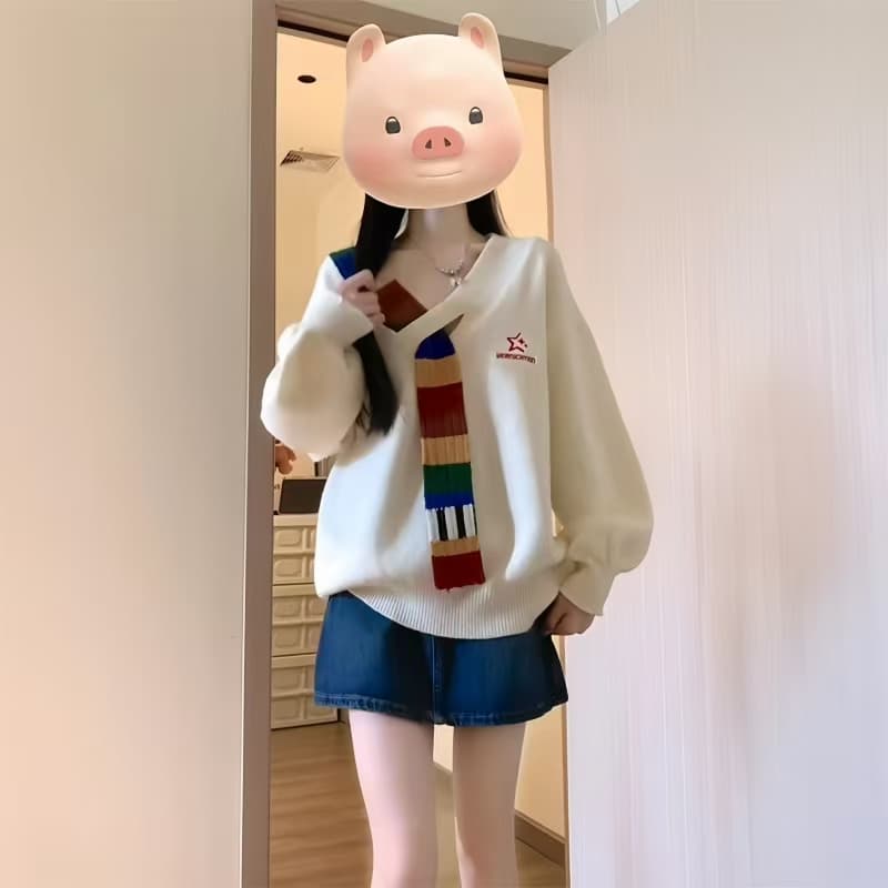 아메리칸 레트로 무지개 모직물 패치워크 V넥 니트 스웨터 재킷 가을 겨울 루즈핏 학원 스타일 고급 센스 여성 스웨터 이미지 3
