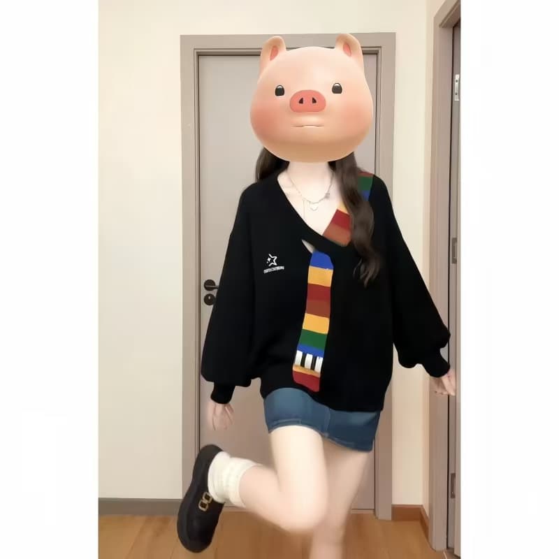 아메리칸 레트로 무지개 모직물 패치워크 V넥 니트 스웨터 재킷 가을 겨울 루즈핏 학원 스타일 고급 센스 여성 스웨터 이미지 4