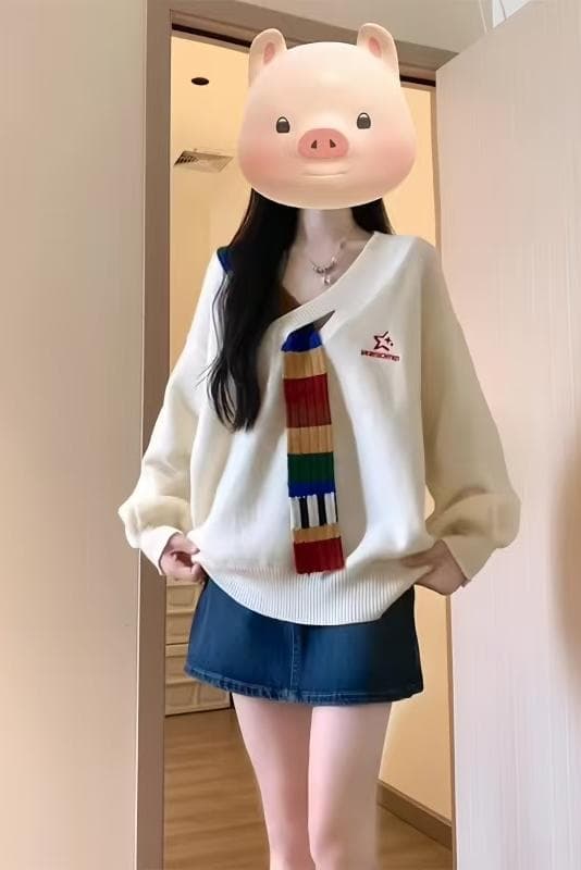 아메리칸 레트로 무지개 모직물 패치워크 V넥 니트 스웨터 재킷 가을 겨울 루즈핏 학원 스타일 고급 센스 여성 스웨터 상세 이미지 1
