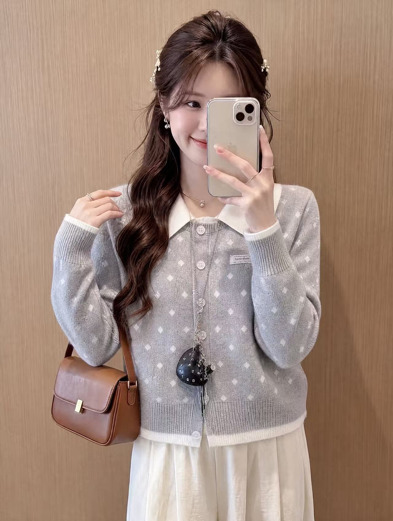 아메리칸 긍정적 인 어깨 POLO 칼라 페이크 레이어드 스웨터 오픈 가디건 여성 코트 가을 겨울 몸매 가꾸기 슬림해 보이는 니트 스웨터 맨위