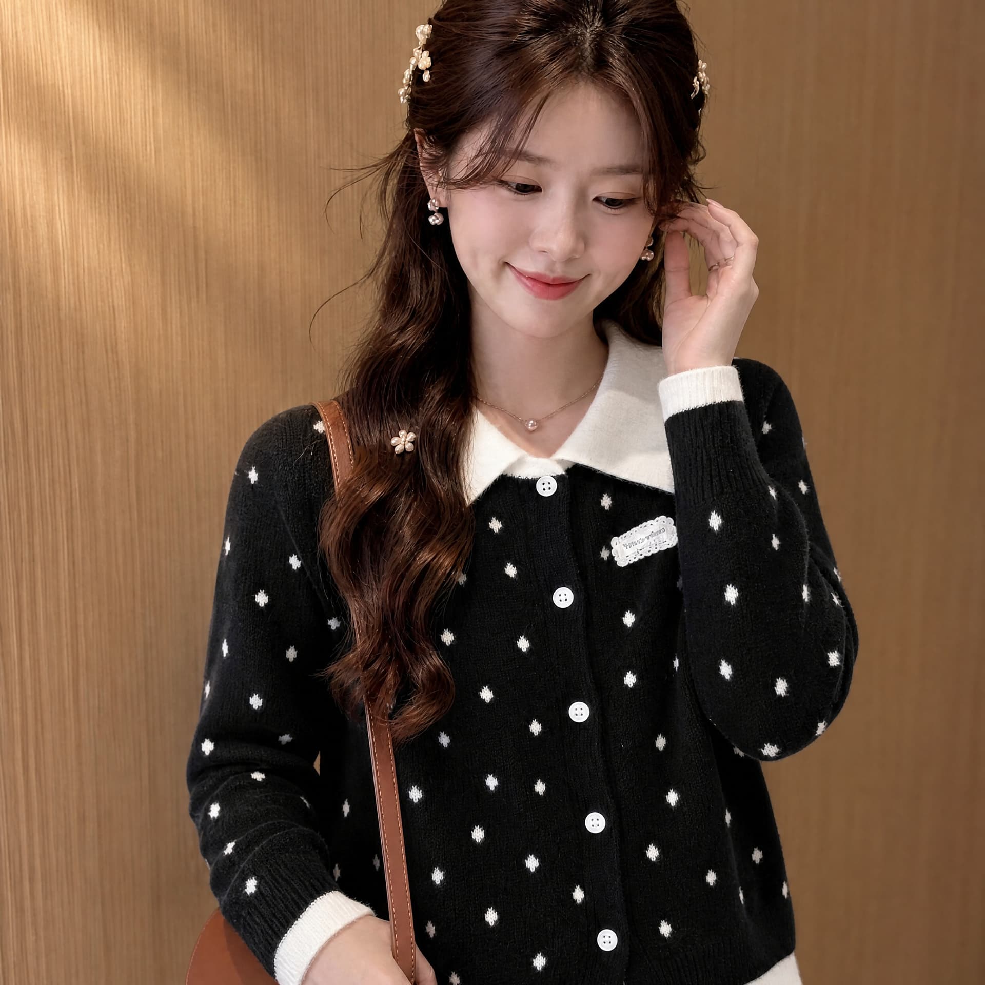 아메리칸 긍정적 인 어깨 POLO 칼라 페이크 레이어드 스웨터 오픈 가디건 여성 코트 가을 겨울 몸매 가꾸기 슬림해 보이는 니트 스웨터 맨위 이미지 5