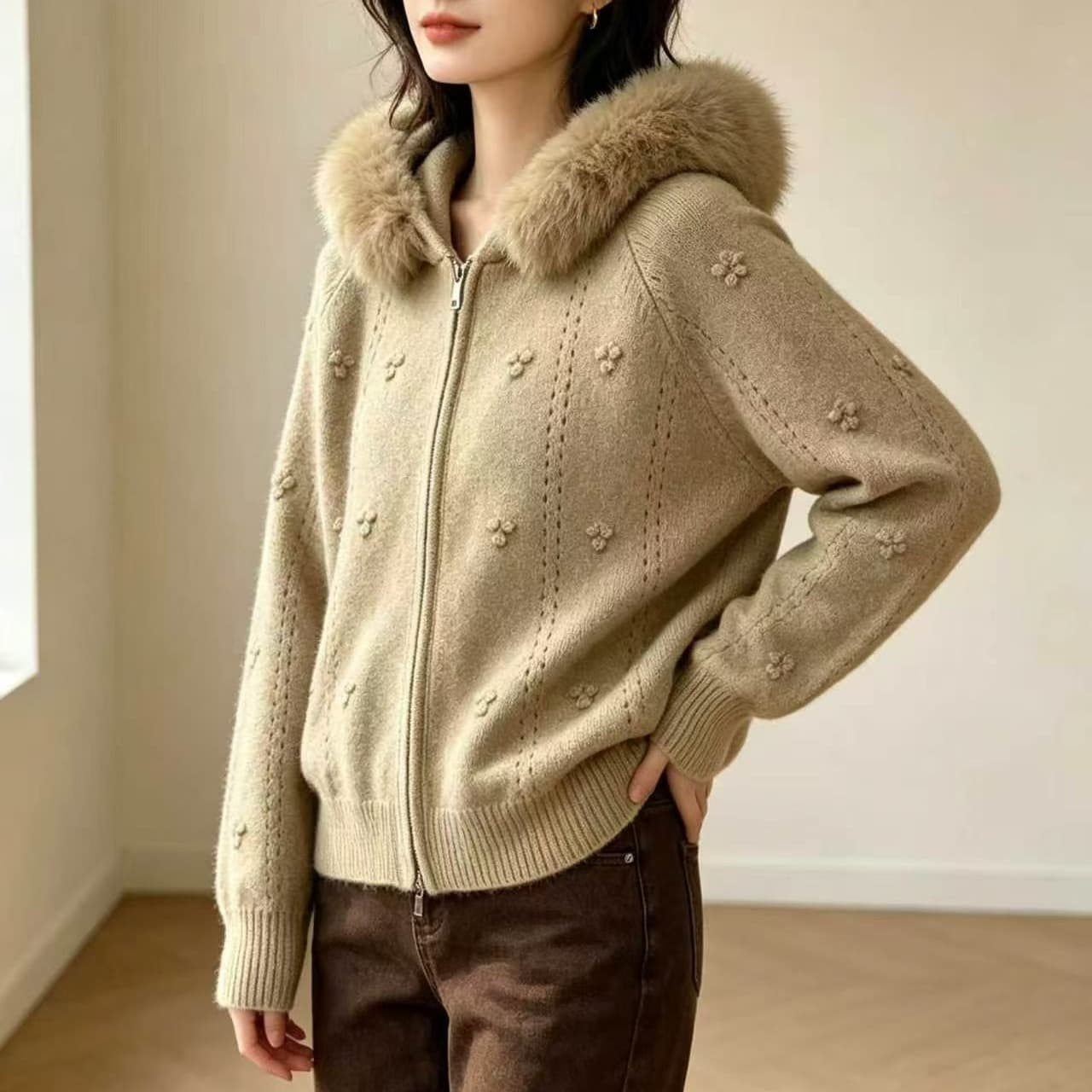 아름다움 라드. 모피 칼라 후드 스웨터 코트 여자 가을 겨울 한 부서 느긋한 바람 품격 작은 키 니트 스웨터 맨위 이미지 5