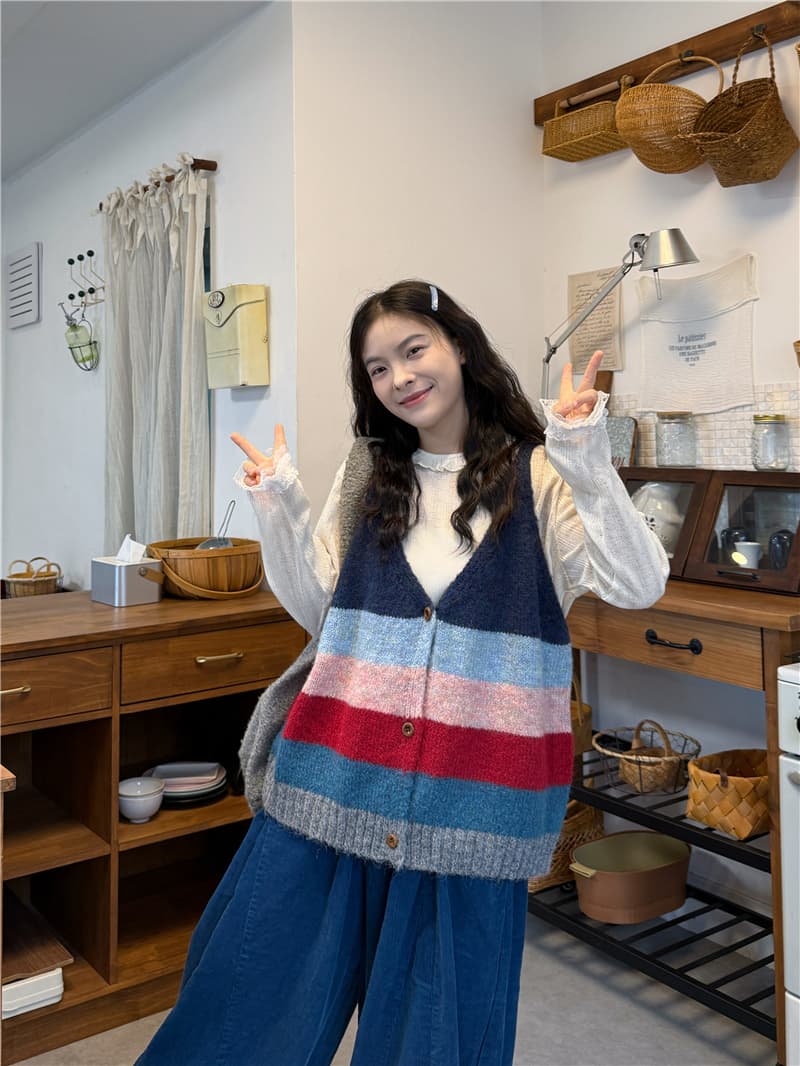 무지개 스트라이프 V넥 니트 오픈 가디건 베스트 조끼 다용도 맨위 여성 슬림해 보이는 루즈핏 상세 이미지 1
