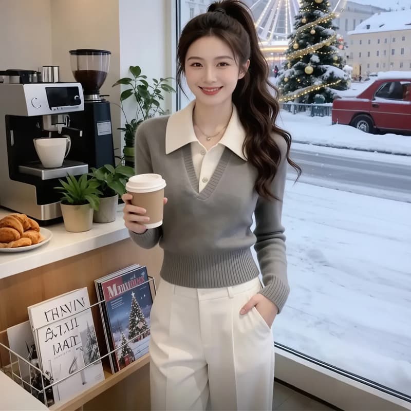 빛 요리 한 바람 품격 폴로 칼라 긴팔 니트 스웨터 여성 봄 가을 새로운 부드러운 찹쌀 인사이드 가져 가라. 느긋한 고급 센스 예쁜 스웨터 이미지 4
