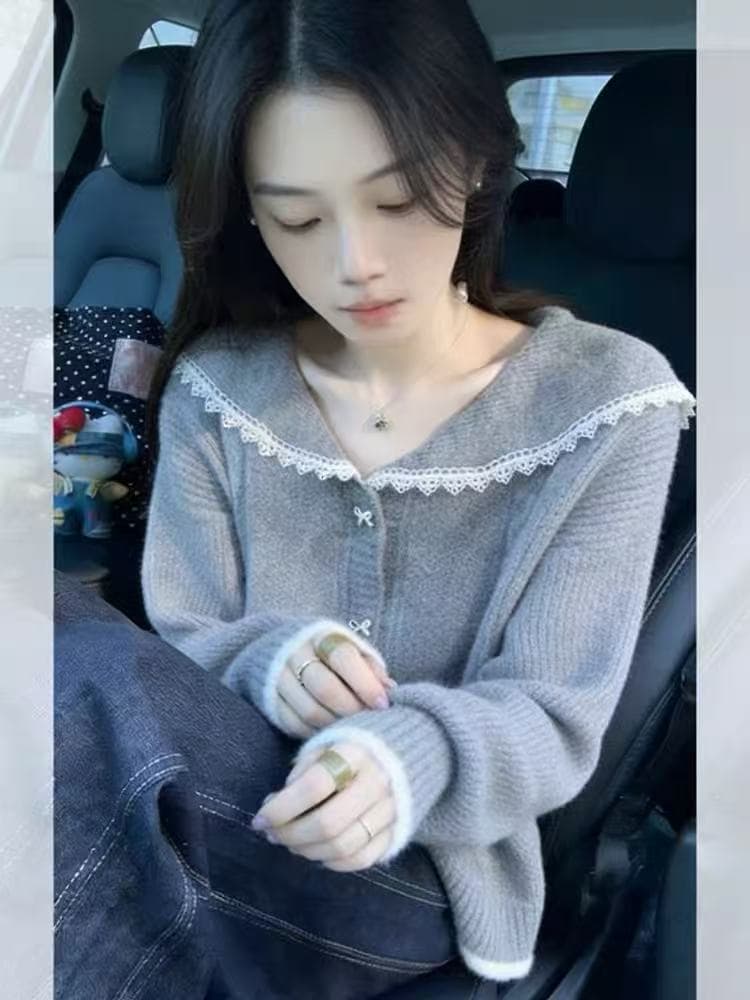 숙녀 바람 보라색 레이스 조각 니트 오픈 가디건 여성 가을 겨울 2026 새로운 외국 가스 연령 감소 쇼트 스타일 스웨터 코트 상세 이미지 1