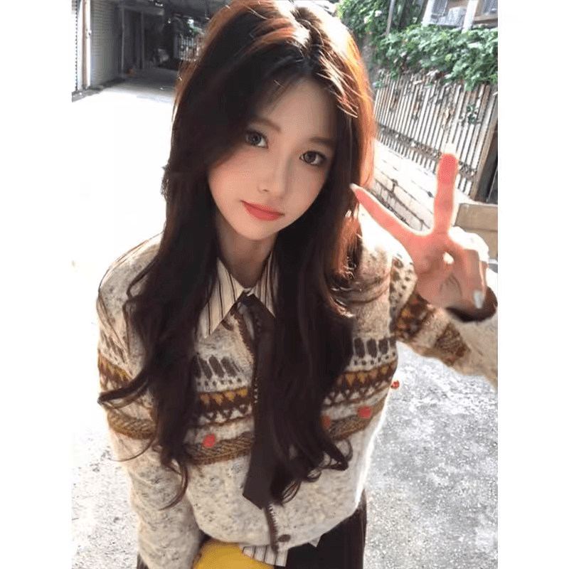 공정한 섬 자카드 스웨터 코트 가을 겨울 여성 의류 작은 키 레트로 라운드 넥 니트 오픈 가디건 몸매 가꾸기 쇼트 스타일 맨위 상세 이미지 1