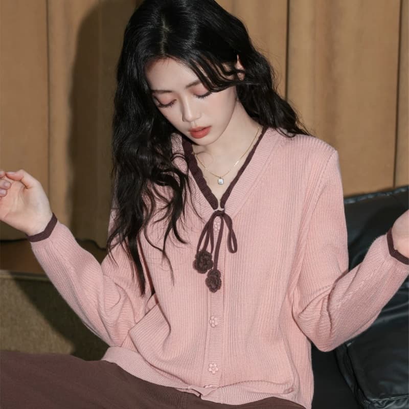 핑크색 페이크 레이어드 V넥 니트 오픈 가디건 여성 학원 스타일 배색 레이스업 다용도 스웨터 코트 맨위 트렌디 상세 이미지 2