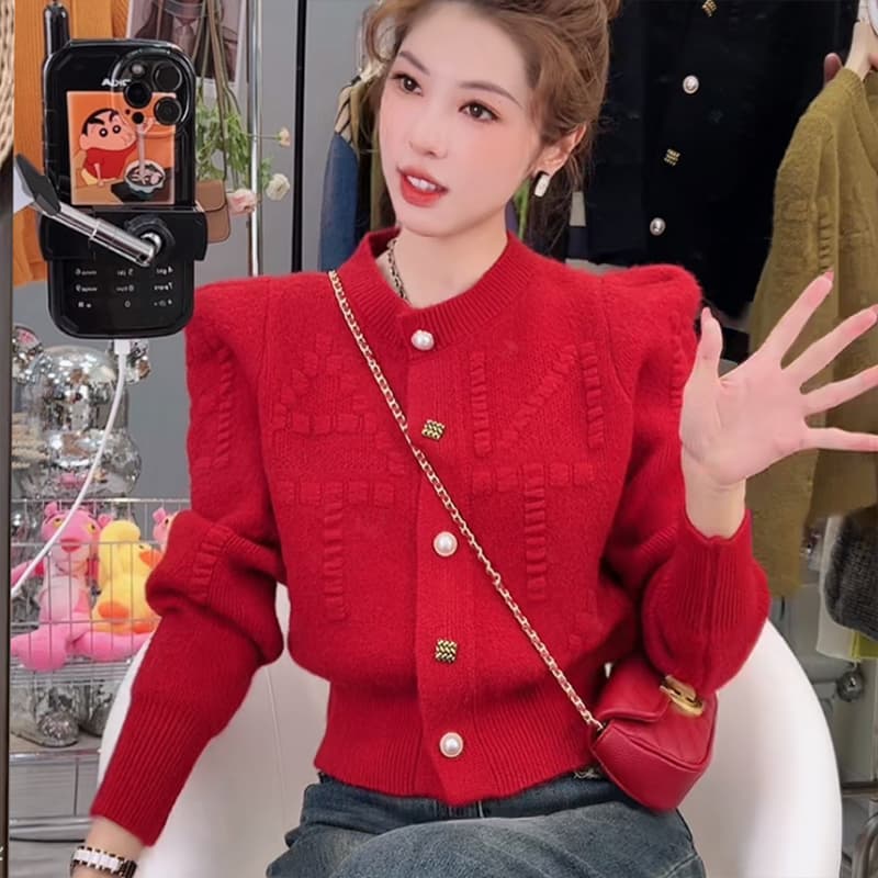 2026 레트로 작은 샤넬 스타일 스웨터 카디건 코트 가을 겨울 여성 의류 고급 센스 거품 소매 니트 스웨터 이미지 4